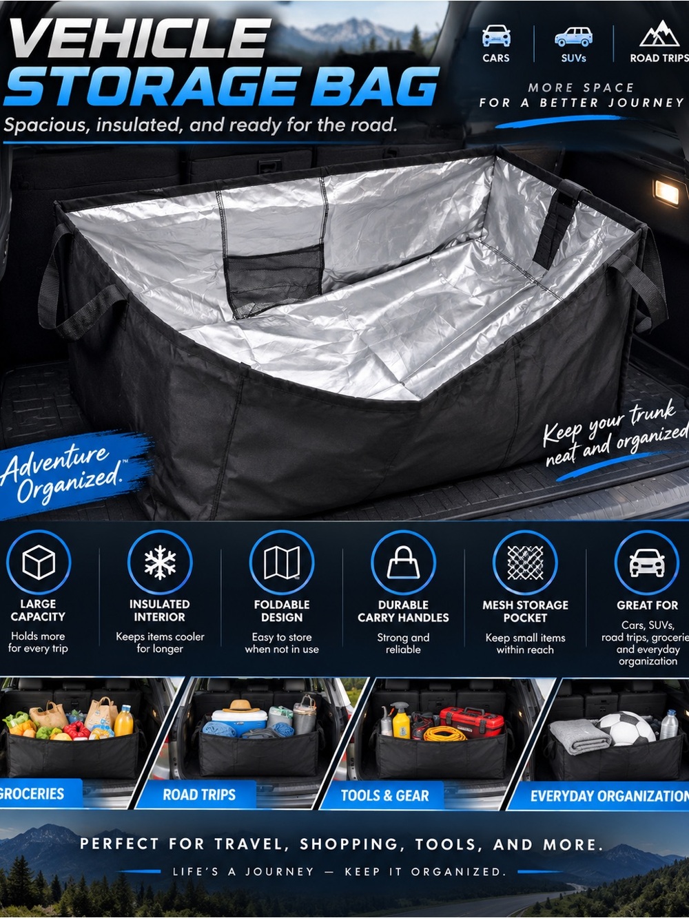 Black Insulated Vehicle Storage Bag - Trunk Organizer